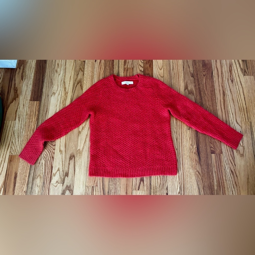 LOFT Textured Orange/Red Crew Neck Mohair Blend Sweater